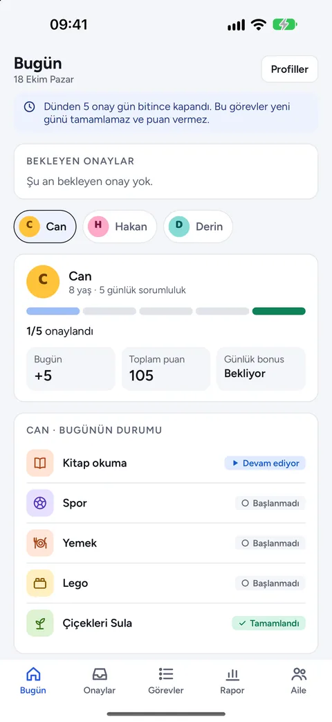 Ebeveynin Bugün ekranı: bekleyen onaylar ve çocuğun günlük ilerlemesi