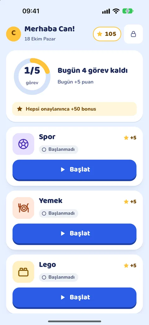 Çocuk ekranı: günün görevleri, ilerleme halkası ve puanlar
